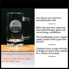 a glass beer mug with an ad for glass island and dishwasher safe on it