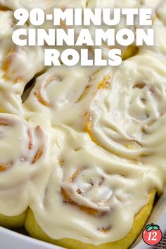 cinnamon rolls in a white dish with the title overlay