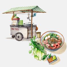 a food cart with vegetables and meats on the side, next to a bowl of salad