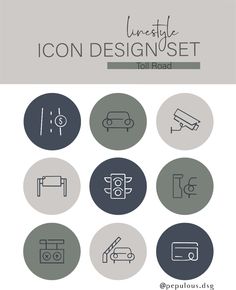 the icon design set includes eight different types of vehicles and their logos, including one for each