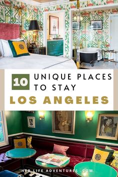 the inside of a hotel room with green walls and colorful furniture, including a bed