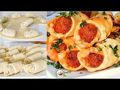 several different types of food on plates with cheese and sauces, including bread rolls