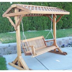 Yard Frame with Roof Sports Bench Build Outdoor Furniture, Cedar Stain, Diy Porch Swing, A Frames, Wooden Swing, Exterior Wall Design, Door Design Modern, Wooden Swings, Outdoor Swing