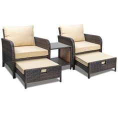 three wicker chairs and one ottoman with beige cushions