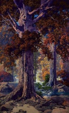 a painting of two trees in the middle of a wooded area with rocks and water