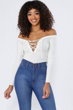 Lovesick Lace-Up Off The Shoulder Bodysuit-White | @knowstyleusa #knowstyleusa #knowstyle #KShottie #croptop #whitecroptop #blackcroptop #sexycroptop #casualcroptop #sexybodysuit #cutebodysuit #whitebodysuit #lacebodysuit #fashionista #ootd #instafashion #streetstyle #womenswhitetop #streetfashion #streetwear #summeroutfits Off The Shoulder Bodysuit, White Top Women, Crop Top Casual, Lace Bodysuit