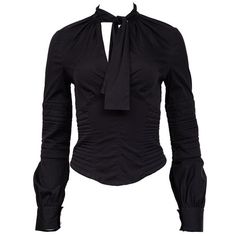 Gucci By Tom Ford F/W 2003 Black Corseted Plunging Tie-Up Shirt, Size 42. Designed By Tom Ford For The Fall 2003 Runway Show, This Exquisite Black Blouse Features A Plunging Neckline, A Tie That Wraps Elegantly Around The Neck, Corseted Waist Detailing, A Side Zip Closure, And Button Closures On The Cuffs. Defects Include Some Loose Threads Throughout. Recommended For A U.S. Size Xs/S. Measurements Are Provided As A Courtesy; Please Do Not Rely Solely On Them For Sizing. Inventory Is Measured In The Lay-Flat Position, With Measurements In Inches. The Mannequin Is A U.S. Size Xs/S, And Items May Be Pinned For Better Fit. As A Pre-Owned Item, It May Show Signs Of Wear Typical Of Its Vintage Na Gucci By Tom Ford, 2003 Runway, Tie Up Shirt, Gucci Top, Runway Show, Black Blouse, Tom Ford, The Fall, Casual Skirts