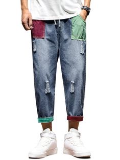 Patchwork Jeans Men, Mens Bottoms, Ripped Denim Pants, Jogger Pants Casual, Fashion Bottoms, Patchwork Jeans, Patched Jeans, Denim Jeans Men, Streetwear Men Outfits