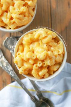 two small bowls filled with macaroni and cheese