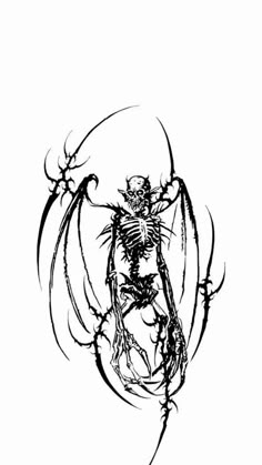 a black and white drawing of a skeleton in the shape of a spider with wings