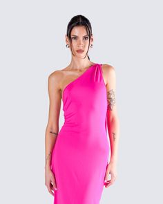 Step into the spotlight with this fierce hot pink dress 💕 Crafted from stretchy jersey fabric, and complete with a high/low hem, a bodycon fit, and a one-shoulder design - this look will turn every day into a runway 😌 Pink One Shoulder Bodycon Dress, Pink One-shoulder Bodycon Dress, Pink Asymmetrical Neckline Bodycon Dress For Night Out, Summer Stretch One Shoulder Asymmetrical Dress, Summer Asymmetrical One Shoulder Stretch Dress, One Shoulder Elastane Dress For Night Out, One Shoulder Elastane Bodycon Dress, One-shoulder Elastane Bodycon Dress, Pink One Shoulder Bodycon Evening Dress