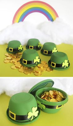 st patrick's day lepreite hats with gold coins and a rainbow in the background