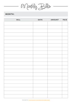 a printable bill sheet with the words money bills written in black ink on it