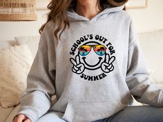 School's Out For Summer Hoodie, Last Day of School Hoodie, Teacher Hoodie, Goodbye School Hoodie, Teacher Summer Hoodie Introducing the "School's Out For Summer" hoodie, a warm and trendy essential that captures the exhilaration of the summer break, allowing you to stay cozy and stylish while enjoying the freedom and adventures of the sun-filled days ahead.   Hi! Welcome to✨Northstar ✨ ✨As the weather gets colder, you want clothes that keep you and your body warm. Here, Northstar  is ready to keep you warm with its unique designs..✨ ✨Product Features✨ 👉Medium-heavy fabric (8.0 oz/yd² (271.25 g/m 👉Loose fit 👉Runs true to size 👉50% cotton, 50% polyester 👉Tear-away label 👉Youth Hoodies do not have drawcord for added safety ✨Care Instructions✨ 👉Wash item inside out in cold water, do not Casual School Hoodie With Letter Print, Fun Hooded Hoodie With Letter Print, Goodbye School, Summer Hoodie, Teacher Summer, School's Out For Summer, Youth Hoodies, Summer Break, Last Day Of School