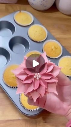 a person holding a pink flower in front of some cupcakes