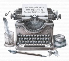 a drawing of an old fashioned typewriter with writing on the paper and some pens