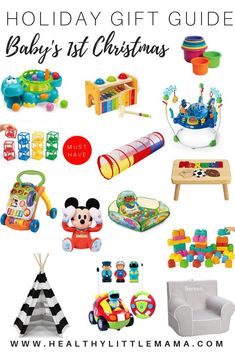 holiday gift guide for baby's 1st christmas with toys and gifts to give them