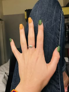 Short Green And Yellow Nails, Orange Yellow And Green Nails, Green Yellow Nails Ideas, Dark Green And Yellow Nails, Green And Yellow Fall Nails, Fall Yellow Nails Acrylic, Green And Mustard Nails, Green And Yellow Nail Art, Fall Nails Green And Orange