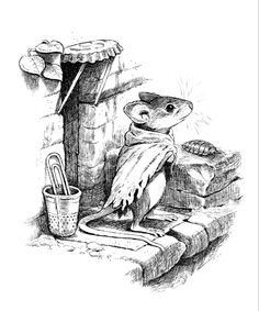 a black and white drawing of a mouse sitting in front of a brick wall with a bucket