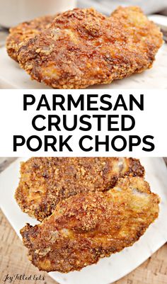 two pieces of parmesan crusted pork chops on white plates with text overlay