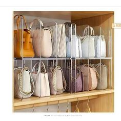 several purses are lined up on the shelves