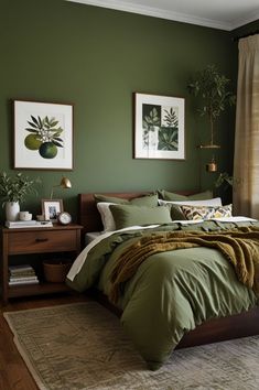 Pine Green Accent Wall Bedroom, Forest Green Panelling Bedroom, Bedroom Green Sheets, Minimal Green Bedroom, Sleeping Room Wall Color, Green Monochrome Bedroom, Monochrome Green Room, Olive Wall Paint, Green Wall Painting Ideas Bedroom