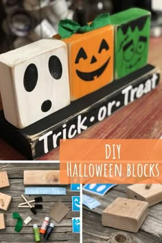 diy halloween blocks made out of wood and painted to look like jack - o'- lanterns