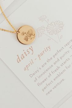 Daisy’s are the perfect representation of innocence and purity. They’re thought of as the flower of fresh starts, making it the perfect emblem for anyone taking on a new venture. Everyday Birth Flower Charm Necklace, Everyday Birth Flower Charm Necklaces, Birth Flower Charm Necklace, Dainty Stamped Charm Necklaces For Mother's Day, Dainty Birth Flower Charm Necklaces For Everyday, Gold Jewelry With Birth Flower For Best Friend Gift, Dainty Adjustable Birth Flower Charm Necklace, Adjustable Dainty Birth Flower Charm Necklace, From Mother To Daughter