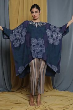 Shop for Krishna Mehta Blue Modal Floral Print Cape Tunic for Women Online at Aza Fashions Punjabi Dress Design, Printed Embroidery, Blue Cape, Kaftan Designs, Tunics Online, Simple Kurti Designs, Cotton Kurti Designs, Awesome Tattoos, Beautiful Dress Designs