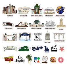 an image of many different logos on a white background, including buildings and other things