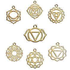 Chakra collection of gold plated charms, in a zinc alloy metal. Measurements: 3.1cm x 2.8cm (1 2/8" x1 1/8") to 29mm x23mm (1 1/8" x 7/8")Hole Size: 2mmYou will receive 1 set of 7 charms.PLEASE NOTE: From time to time I may need to substitute one of the charms for another of equal or greater value... all keeping with the theme of the collection.Need more? Just send us a message through the contact us form, instant chat, or at mailto:info@bohemianfindings.com. Bulk pricing is available!All of our Chakra Pendant, Jewelry Making Kit, Les Chakras, 7 Chakras, Accessories Diy Jewelry, Charm Rings, Wine Charms, Metal Pendant, Diy Pendant