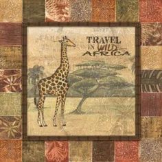 a giraffe is standing in the middle of a patchwork pattern with words travel in wild africa on it