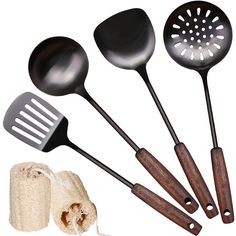 five kitchen utensils with wooden handles and bamboo handles, one has a towel on the side