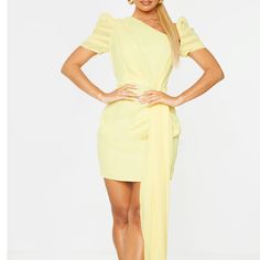 Light Yellow Dress Perfect For Any Occasion! Selling Because To Long (I’m Only 5ft) But Beautiful Dress!!! Yellow Cocktail Dress, Light Yellow Dresses, Draped Bodycon Dress, Cocktail Dress Yellow, Lemon Chiffon, Yellow Mini Dress, Church Dress, Draped Midi Dresses, Mesh Bodycon Dress