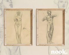 two framed drawings of nude men in front of a wall with the words nook above them