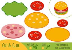 the cut and glue pattern for hamburgers is shown in green, yellow, red and orange