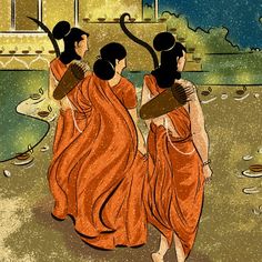 three women in orange dresses are walking down the street with their backs to each other