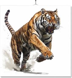 a painting of a tiger running in the snow