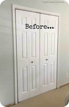 two white doors with the words before and after painted on them in front of an empty room