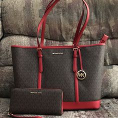 Nwt- Michael Kors Red/Brown Tote With Matching Wallet. Tote- Adjustable 11” Handle Drop. Gold Hardware. “Michael Kors Logo. “Mk” Logo Charm. One Interior Zip Pocket And Two Open Side Pockets. Some Creases And Dents Due To Storage. No Dust Bag. Wallet- Zip Around Style With Multi Card Slots. Gold Hardware. “Michael Kors” Logo. Removable Leather Wristlet Strap. 8.25”L X 4”H X 1.25 W. Classic Red Coated Canvas Shoulder Bag, Designer Red Coated Canvas Bag, Classic Red Coated Canvas Bag, Red Coated Canvas Satchel Bag, Red Coated Canvas Shoulder Bag For Errands, Red Coated Canvas Shoulder Bag For Shopping, Elegant Red Coated Canvas Bag, Michael Kors Red Bag For Everyday Use, Red Michael Kors Bag For Errands