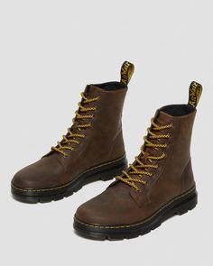 Combs Crazy Horse Leather Casual Boots in Brown | Dr. Martens Yellow Rugged Boots With Reinforced Toe, Rugged Yellow Boots With Reinforced Toe, Rugged Yellow Leather Boots, Rugged Leather Desert Boots For Streetwear, Shoe Brushes, Crazy Horse, Us Man, Horse Coloring, Brown Boots