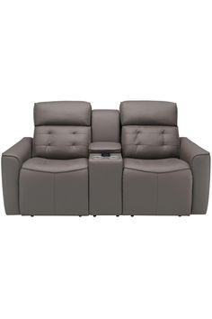 a grey leather reclining sofa with two seats on top of the back and one arm facing