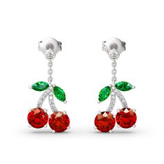 Fashion takes a fruity edge with these cherry drop earrings! Thoughtful use has been made of red and green stones for a realistic look. Cherries have been praised for thousands of years by Japanese for their beauty and taste. This season, fruit jewelry has taken high stage. Unlike actual cherries, these earrings with simple and classic design will never go out of season!Carat Weight: 4.22 ctStone Size: 1.2,2.2,5,3*6 mmStone Type: Jeulia® StoneNumber of Stones: 30 Stone Shape: Round, BaguetteSton Elegant Cherry Drop Earrings, Red Fruit Design Drop Earrings, Red Fruit Design Dangle Jewelry, Red Dangle Jewelry With Fruit Design, Green Drop Earrings With Fruit Design, Cherry Drop Earrings, Silver Earrings Online, Cherry Design, Fruit Jewelry