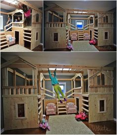 two pictures of the inside of a dollhouse with bunk beds and ladders on each floor