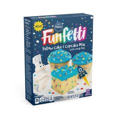 a box of funfetti yellow cake cupcake mix with blue frosting and sprinkles