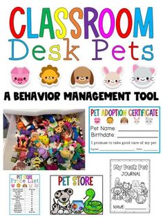 classroom desk pets behavior management tool with pictures and text on the back ground, including an image