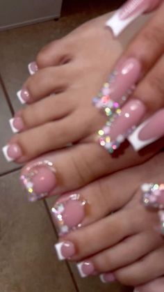 Nails Shirt Design, Duck Toe Nails, Baby Phat Nails, Toe And Nail Set, French Nails And Toes, Cute Nails Birthday, Birthday Baddie Nails, Cute Bling Nails, Long Nail Inspo Acrylic