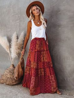 Luna's Bohemian High Waist Casual Maxi Loose Skirt DETAILS: Sizing: True to size Material composition: 100% Polyester Material: Polyester Pattern: Full body print Season: Spring-Summer Style: Bohemia Weight: 273 g The new bohemian style skirt European and American loose casual high waist long skirt is suitable for many occasions, and the simple design makes the boring season colorful and interesting. A variety of collocation options make you confident and beautiful. It fits snugly without restri Bohemian Style Skirts, High Waist Long Skirt, Tiered Maxi Skirt, Womens Maxi Skirts, Looks Street Style