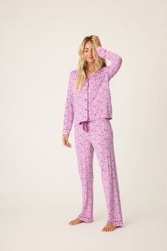 Slip into serene comfort with our women's lilac floral print pajama set, a dreamy combination of elegance and ease. The set includes a button-front collared top, adding a classic touch, and tie waist pants for a relaxed yet tailored fit. The delicate floral pattern offers a timeless charm, while the embroidered sleep mask completes the ensemble for the perfect night’s sleep. Experience ultimate luxury in this dreamy, feminine set. Bridal Chemise, Tie Waist Pants, Breast Tape Lift, Collared Top, Perfect Night, Plus Size Swim, Lounge Pajamas, Plus Size Bra, Print Pajamas