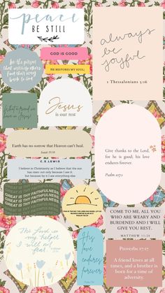 a collage of different types of paper with flowers on it and the words peace be still